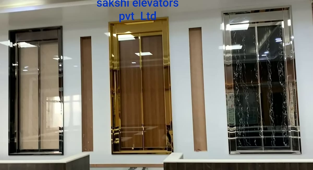 Three Sakshi lift landing door finishes side by side