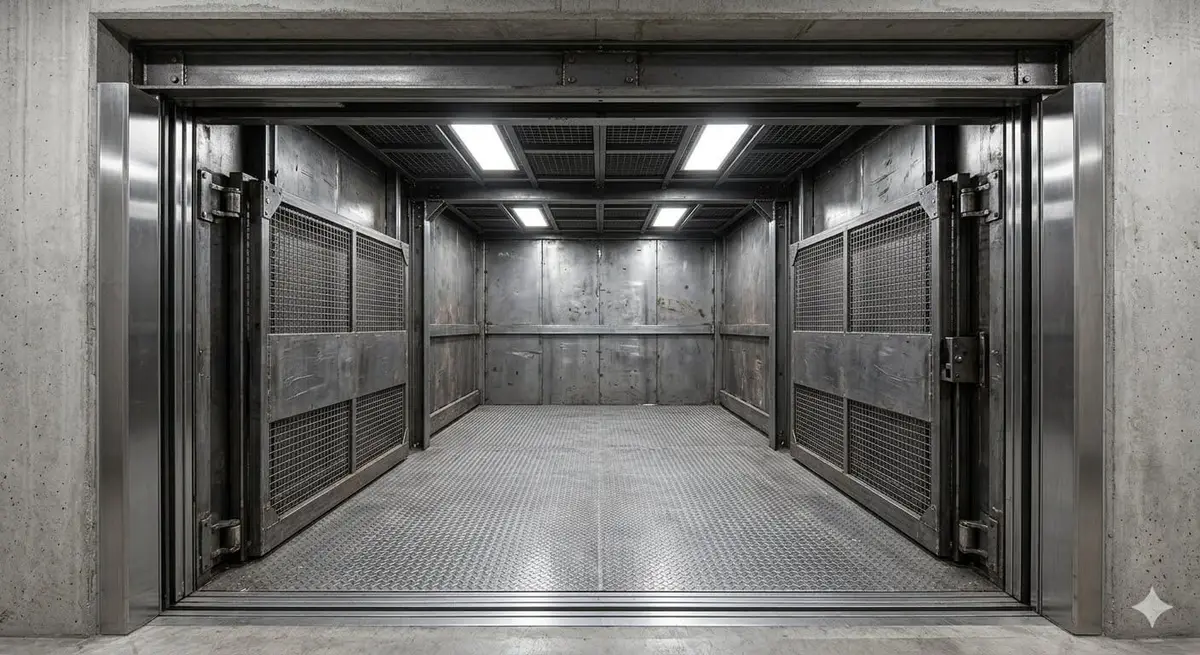 Heavy-duty goods lift with chequered steel floor and wide open doors