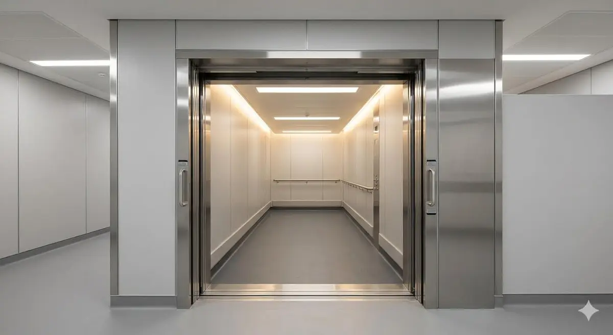 Wide stainless steel hospital stretcher lift with open doors